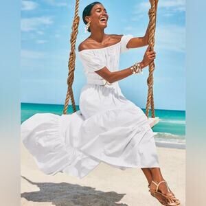 Lilly Pulitzer Nessa Off Shoulder Maxi Dress Resort White Jungle Cabana L